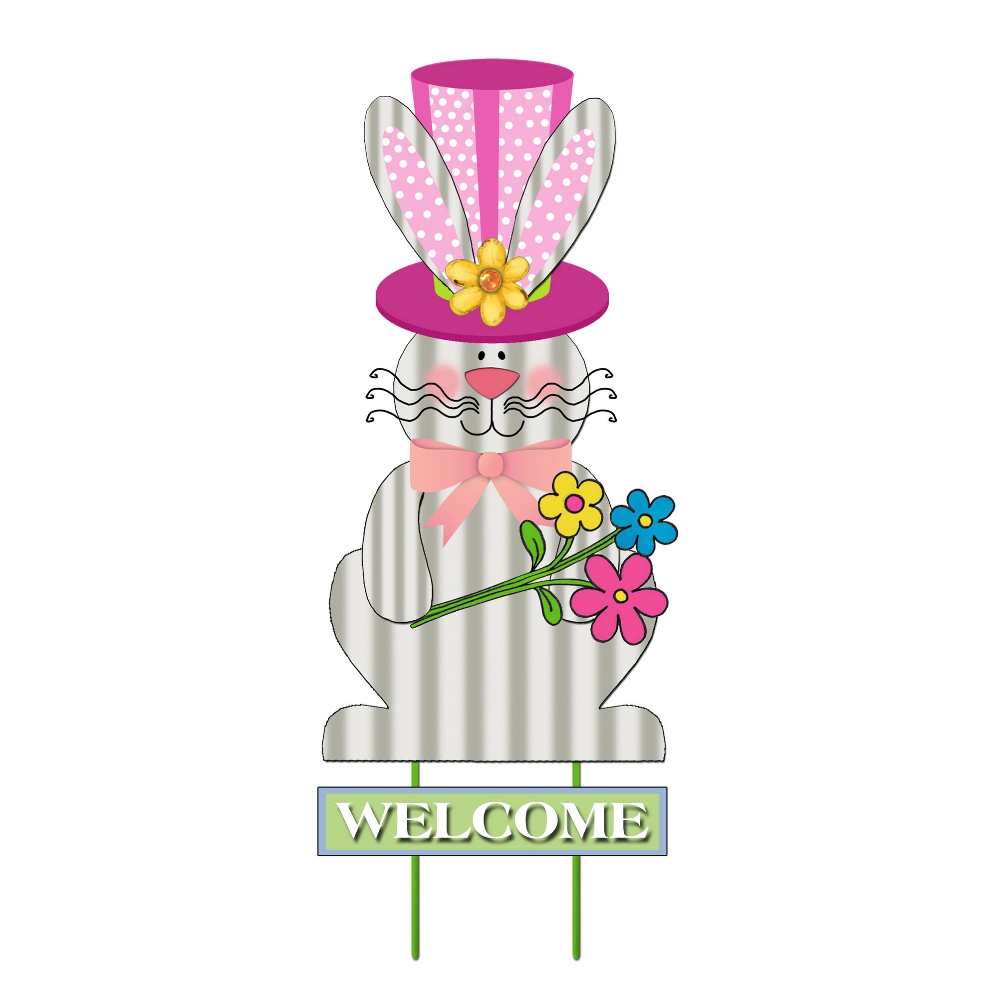 31.5" Welcome Easter Bunny with Pink Hat Garden Stake